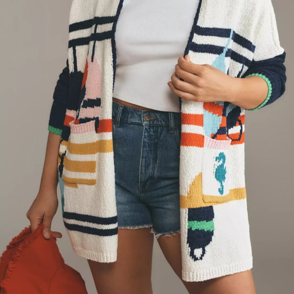 Anthropologie Maeve Nautical Buoy Cardigan Sweater Whale Seahorse 3X NWT Plus - Picture 8 of 10